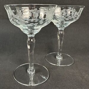 Champagne / Tall Sherbet 5 5/8" Etched Floral Champagne Coupe,  Vintage Set of 2